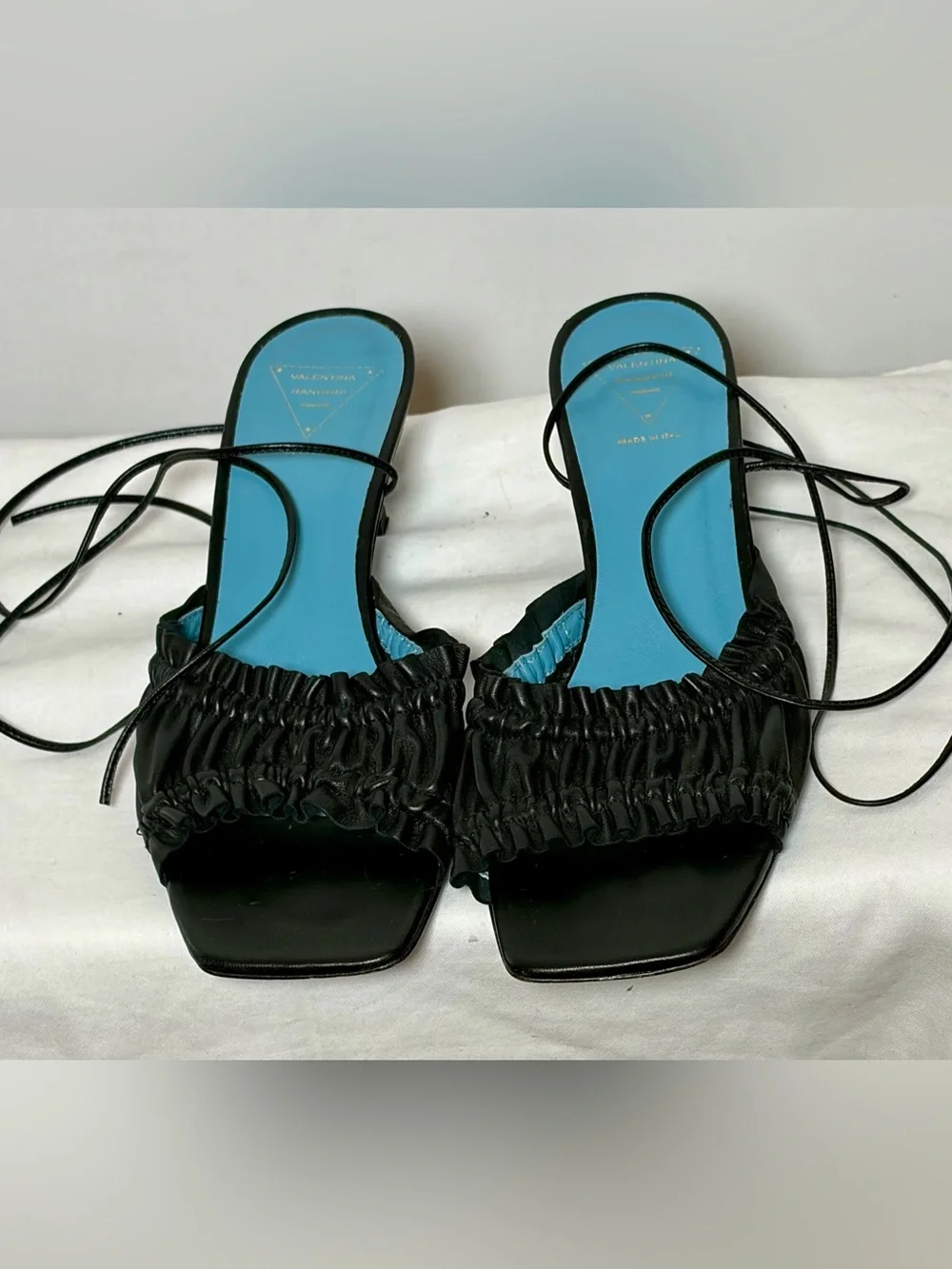 Valentina Rangoni Firenze Black Ruched Leather Lace-Up Kitten Heel Sandals, 8M